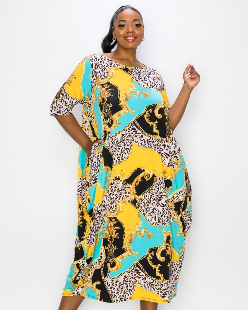 Front of a model wearing a size 1X Nevaeh Midi Dress in Aqua/Yellow by L I V D. | dia_product_style_image_id:240886